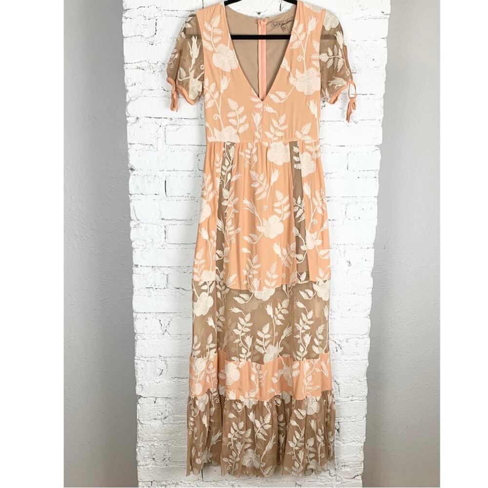 For Love & Lemons Mia Maxi Peach Lace Dress Floral Embroidered Sheer Panel XS
